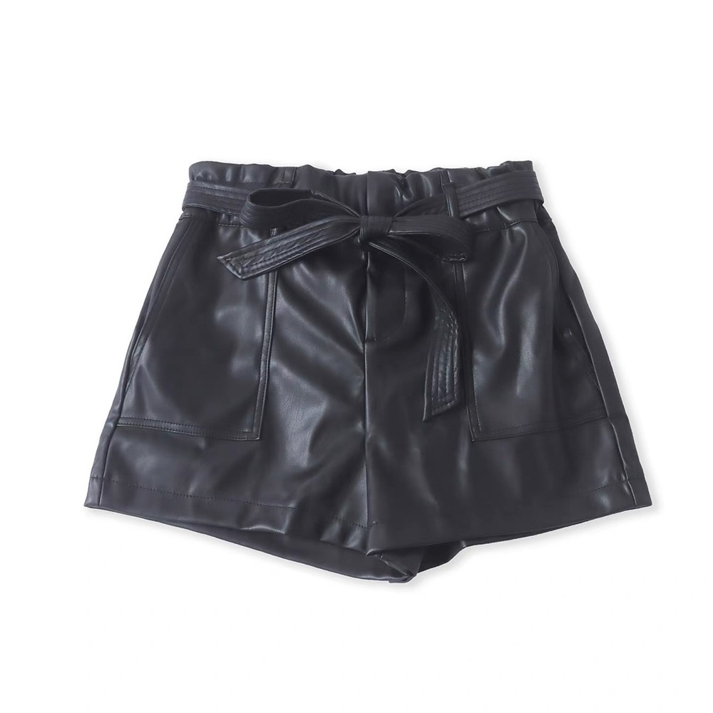 Zara Black Faux-Leather High-Waist Paperbag Shorts with Tie